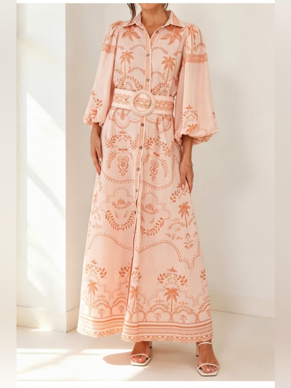 Boho Blush Pink Printed Maxi Shirt Dress with Belt | Puff Sleeve